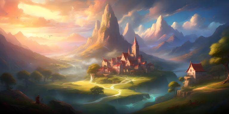 Fantasy Art,Fantasy Art, By, by, landskap, träd, utomhus, fjäll, moln, himmel, fågel, slott, landskap