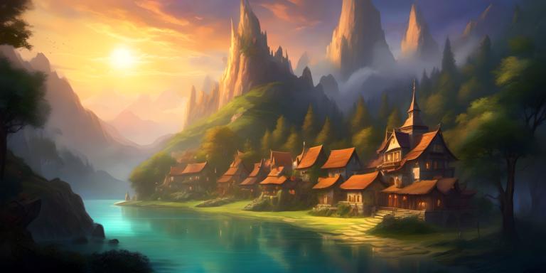 Fantasy Art,Fantasy Art, Village, village, scenery, no humans, tree, mountain, outdoors, sky, cloud, water