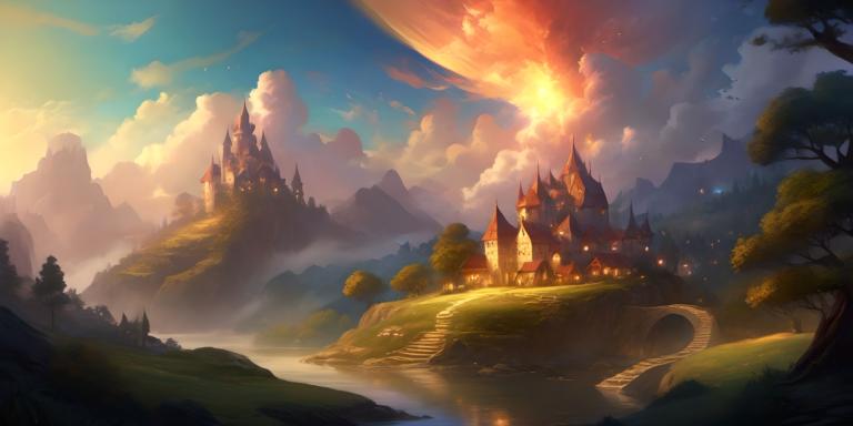 Fantasy Art,Fantasy Art, Village, village, scenery, tree, no humans, cloud, sky, outdoors, castle, mountain