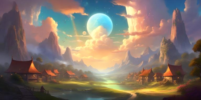 Fantasy Art,Fantasy Art, Village, village, scenery, sky, cloud, outdoors, moon, mountain, no humans, tree