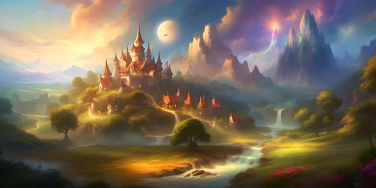 Fantasy Art,Fantasy Art, Village, village, scenery, no humans, castle, tree, cloud, sky, outdoors, mountain