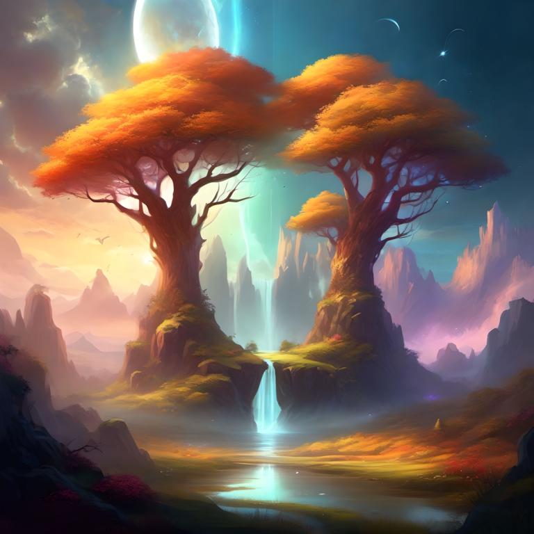 Arte fantastica,Arte fantastica, Natura, paesaggio, scenario, albero, nessun essere umano, cascata, luna