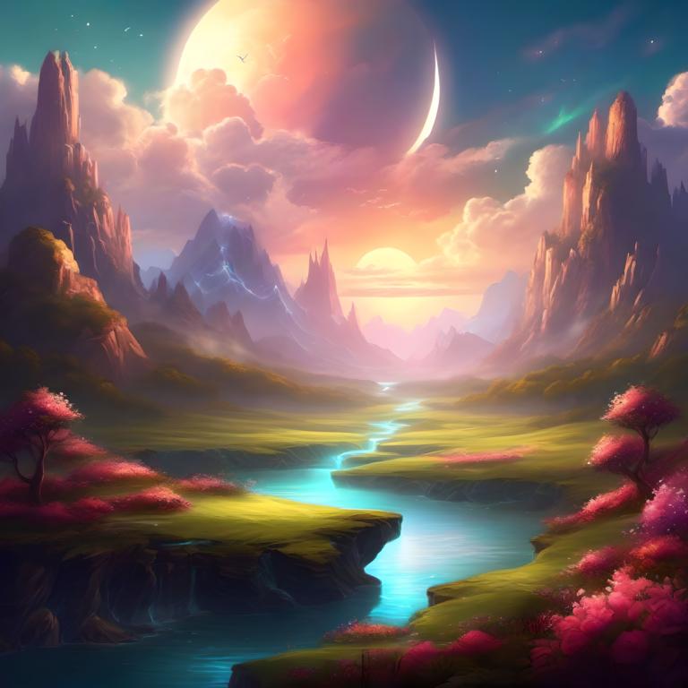 Fantasy-Kunst,Fantasy-Kunst, Natur, Landschaft, Landschaft, Mond, keine Menschen, Berg, Himmel, Wolke, Baum