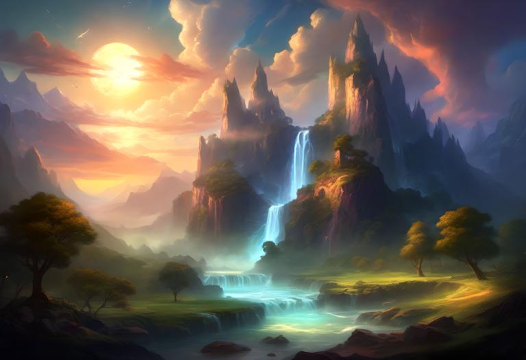 Fantasy Art,Fantasy Art, Nature, landscape, scenery, waterfall, tree, cloud, sky, mountain, water, no humans