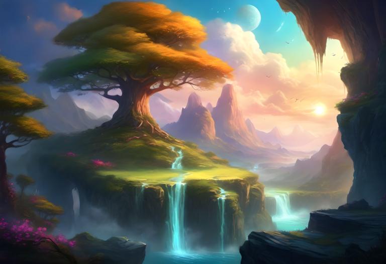 Arte de fantasía,Arte de fantasía, Naturaleza, paisaje, cascada, escenario, no humanos, árbol, agua, montaña