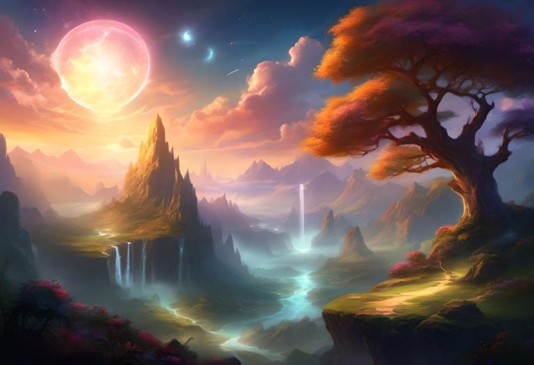 Arte de fantasía,Arte de fantasía, Naturaleza, paisaje, cascada, escenario, no humanos, luna, árbol, cielo