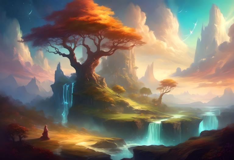 Fantasy-Kunst,Fantasy-Kunst, Natur, Landschaft, Landschaft, Baum, Wasserfall, Vogel, draußen, Himmel, Wolke