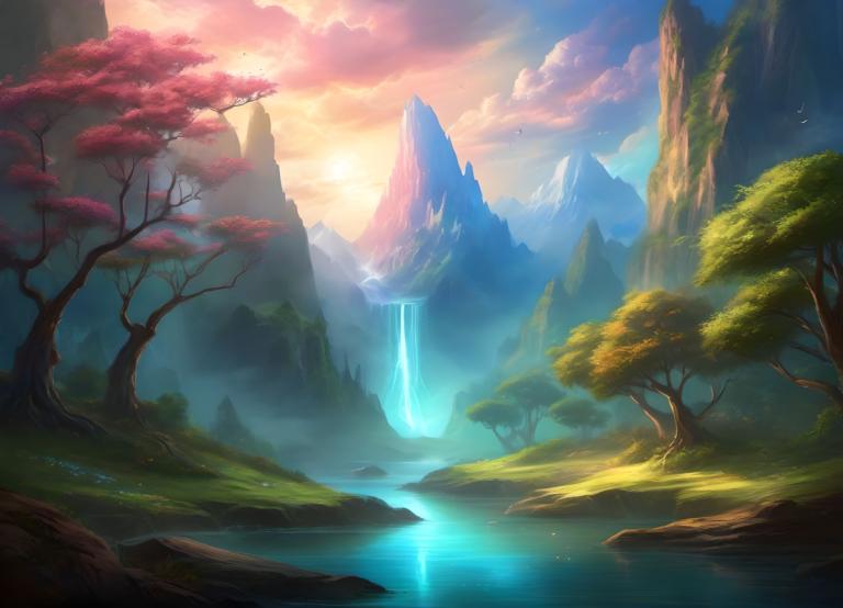 Arte de fantasía,Arte de fantasía, Naturaleza, paisaje, escenario, no humanos, árbol, montaña, cascada