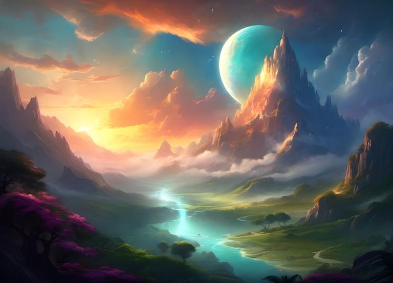 Fantasy-Kunst,Fantasy-Kunst, Natur, Landschaft, Landschaft, keine Menschen, Wolke, Mond, Berg, Himmel, Baum