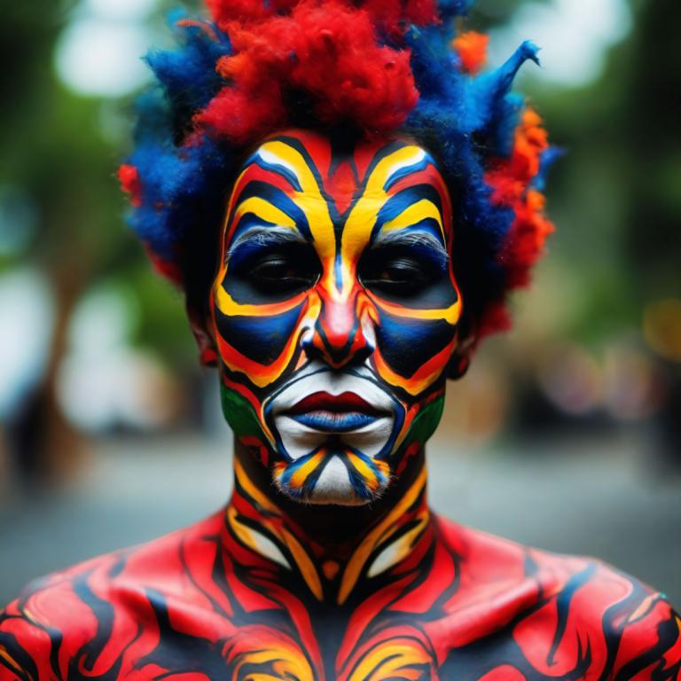 Bodypainting,Bodypainting, People, man, afro, solo, 1boy, male focus, facepaint, facial hair, blurry