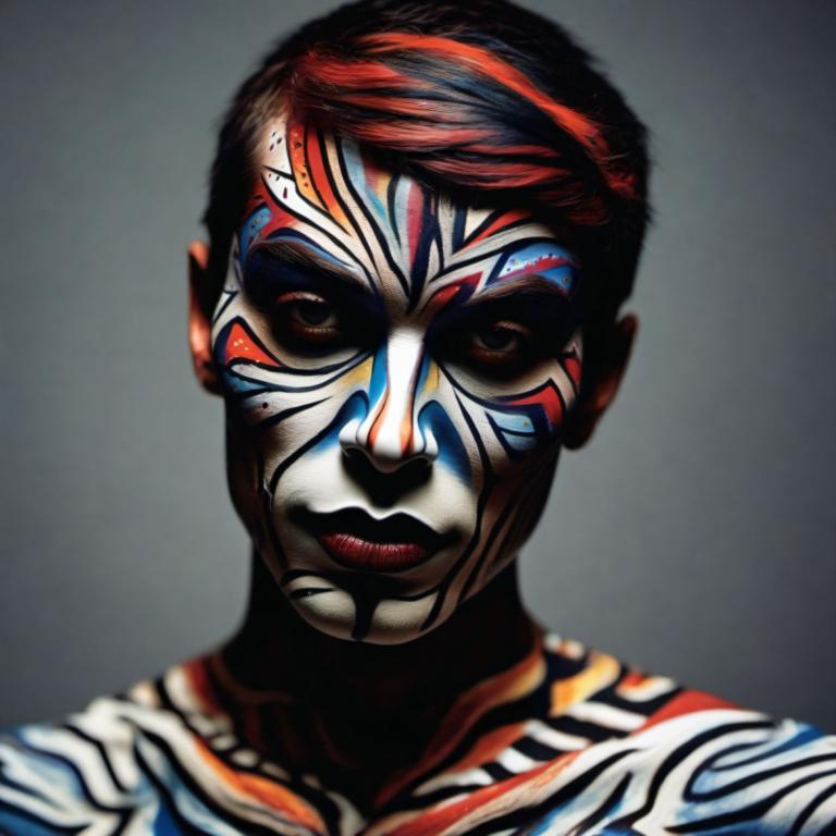 Bodypainting,Bodypainting, People, man, solo, male focus, 1boy, facepaint, grey background, looking at viewer