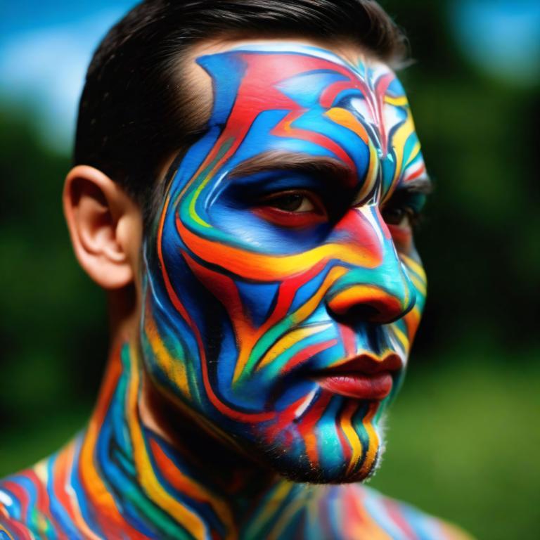 Bodypainting,Bodypainting, People, man, 1boy, male focus, solo, blurry background, blurry, black hair