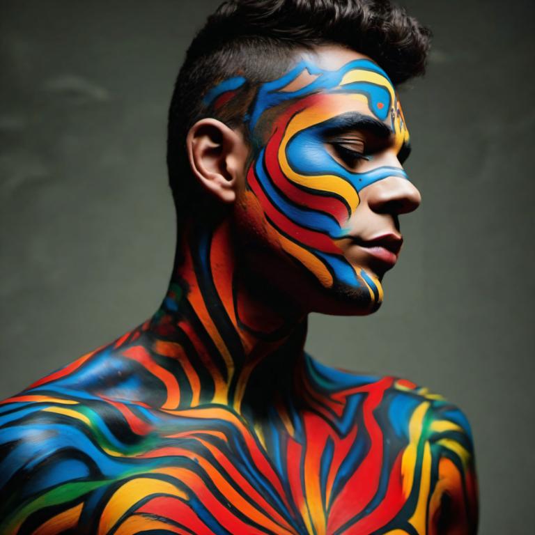 Bodypainting,Bodypainting, Mennesker, mand, solo, 1 dreng, mandligt fokus, sort hår, bodysuit, flerfarvet tøj