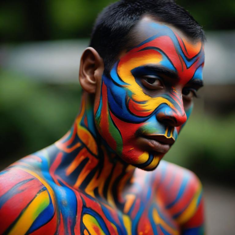 Bodypainting,Bodypainting, People, man, 1boy, male focus, solo, black hair, multicolored clothes