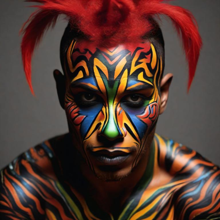 Bodypainting,Bodypainting, Mennesker, mand, solo, 1 dreng, mandligt fokus, ansigtsmaling, grå baggrund