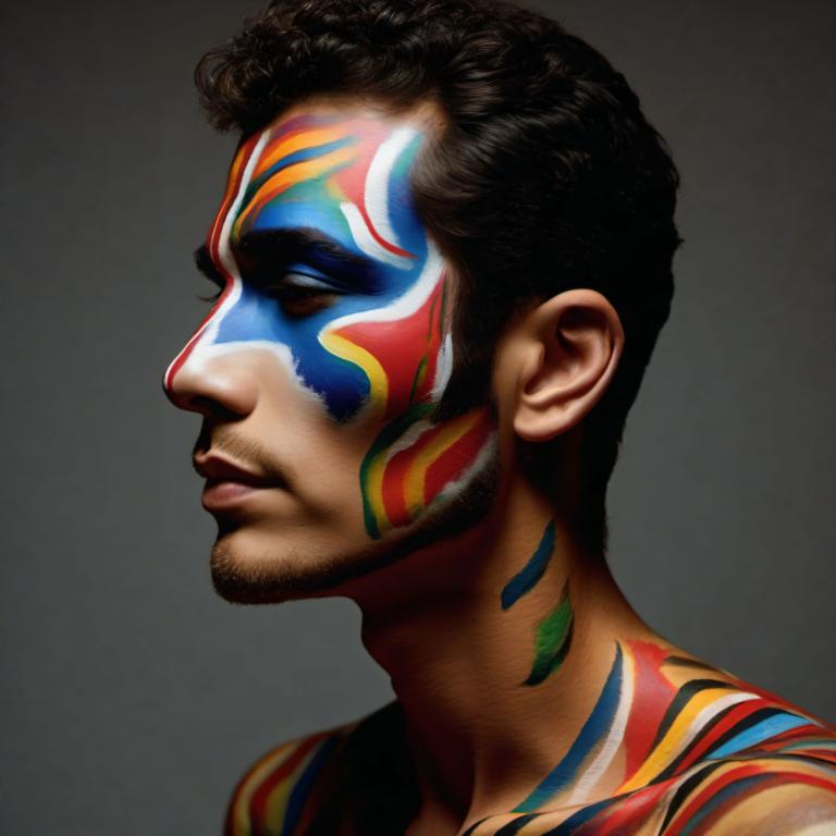 Bodypainting,Bodypainting, People, man, 1boy, solo, male focus, facepaint, realistic, black hair, profile