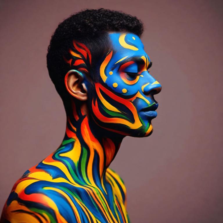 Bodypainting,Bodypainting, People, man, solo, black hair, male focus, facepaint, 1boy, dark skin, profile