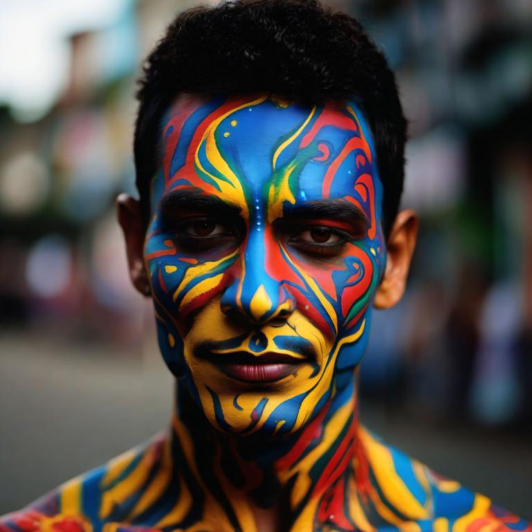 Bodypainting,Bodypainting, People, man, 1boy, male focus, solo, black hair, blurry background, brown eyes