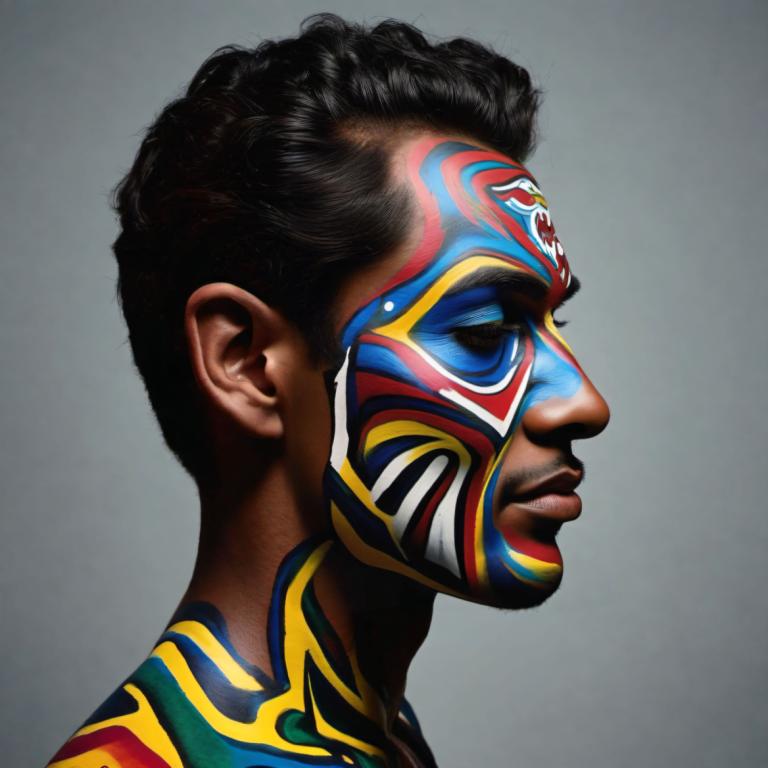 Bodypainting,Bodypainting, People, man, solo, 1boy, male focus, black hair, dark skin, realistic, profile