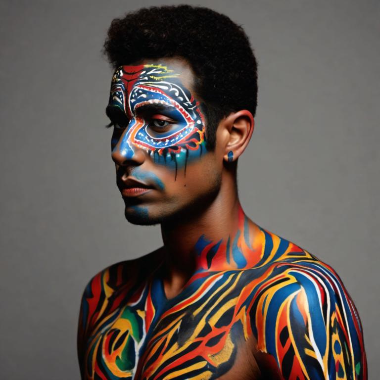 Bodypainting,Bodypainting, People, man, solo, 1boy, male focus, jewelry, earrings, black hair, dark skin