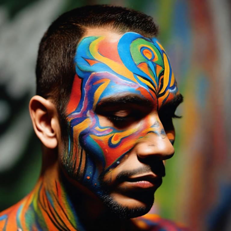 Bodypainting,Bodypainting, People, man, male focus, 1boy, solo, facial hair, facepaint, blurry, realistic