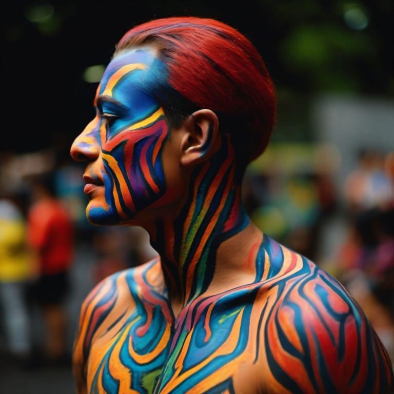 Bodypainting,Bodypainting, People, man, 1boy, male focus, solo, blurry, blurry background, red hair