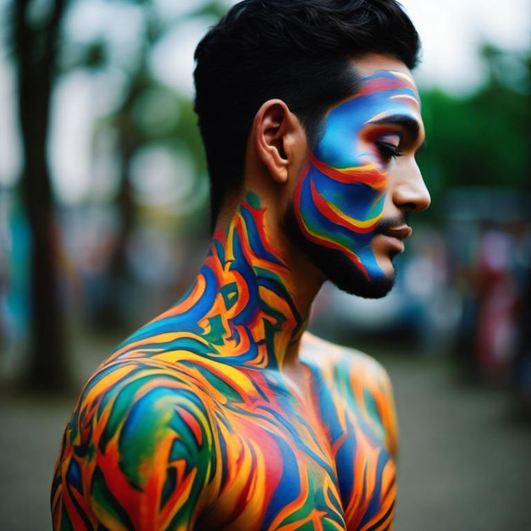 Bodypainting,Bodypainting, People, man, 1boy, male focus, solo, black hair, blurry background, profile