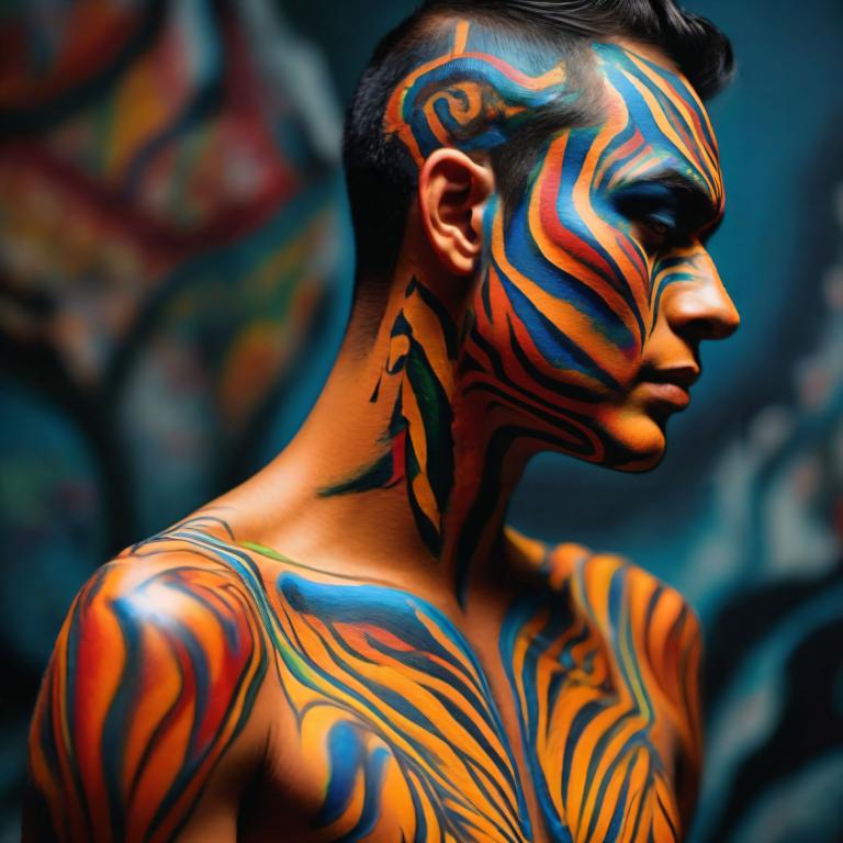 Bodypainting,Bodypainting, People, man, male focus, 1boy, solo, black hair, tattoo, profile, blurry