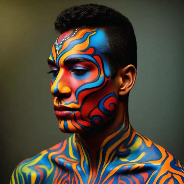 Bodypainting,Bodypainting, People, man, solo, 1boy, male focus, black hair, portrait, dark skin, facepaint