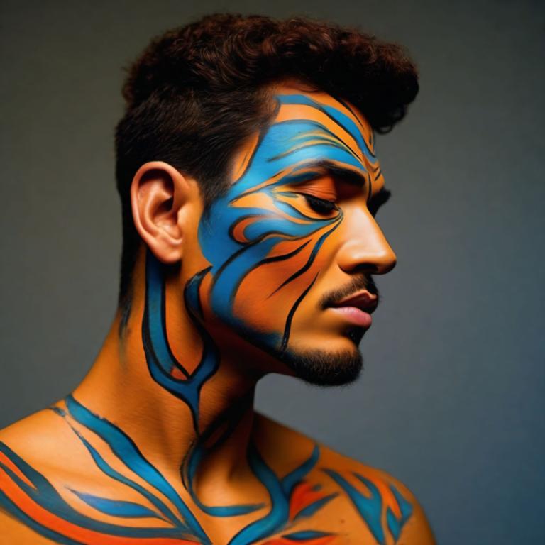 Bodypainting,Bodypainting, People, man, 1boy, solo, male focus, facial hair, realistic, tattoo, black hair