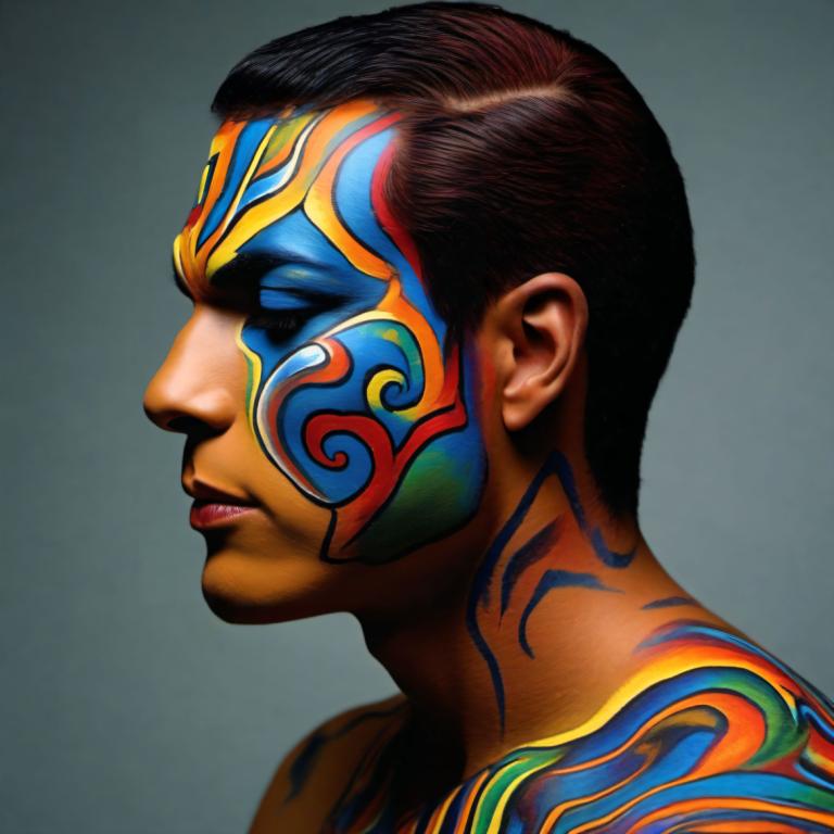 Bodypainting,Bodypainting, People, man, solo, 1boy, male focus, profile, tattoo, facepaint, black hair