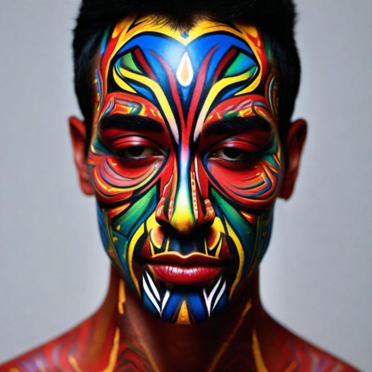 Bodypainting,Bodypainting, People, man, solo, male focus, 1boy, portrait, black hair, facepaint, teeth