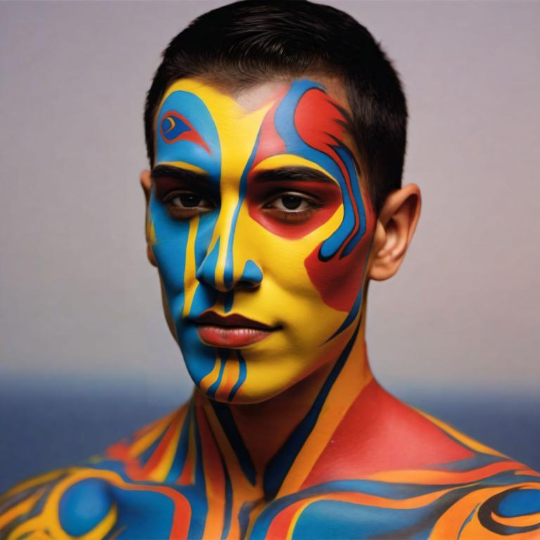 Bodypainting,Bodypainting, People, man, 1boy, solo, male focus, black hair, realistic, looking at viewer