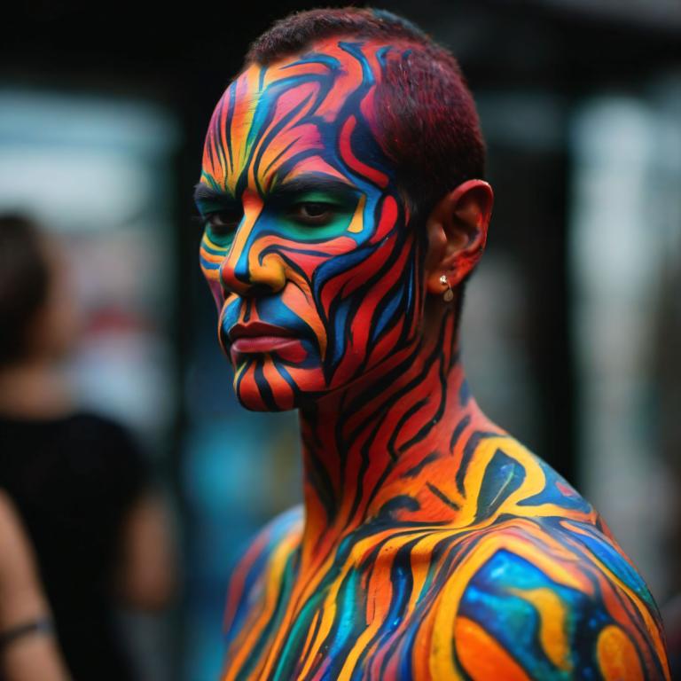 Bodypainting,Bodypainting, People, man, jewelry, earrings, 1girl, blurry, blurry background, solo