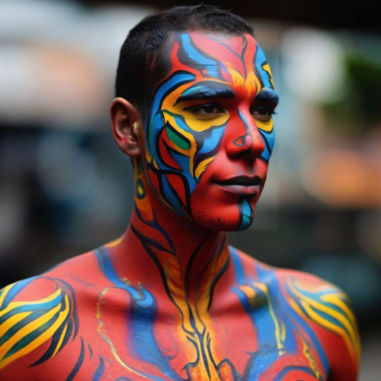 Bodypainting,Bodypainting, People, man, 1boy, male focus, solo, blurry background, black hair, blurry, tattoo