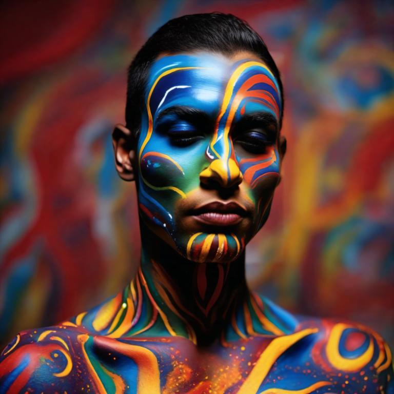 Bodypainting,Bodypainting, People, man, 1boy, male focus, solo, black hair, facepaint, closed eyes, portrait