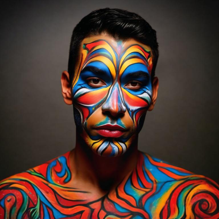 Bodypainting,Bodypainting, People, man, solo, 1boy, male focus, black hair, looking at viewer, facepaint