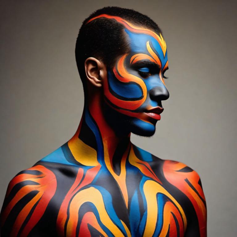 Bodypainting,Bodypainting, People, man, solo, male focus, 1boy, black hair, upper body, colored skin