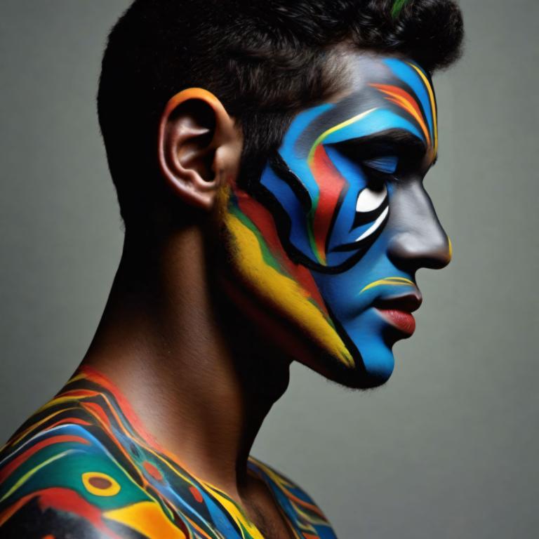 Bodypainting,Bodypainting, People, man, solo, facepaint, dark skin, black hair, profile, male focus, 1boy