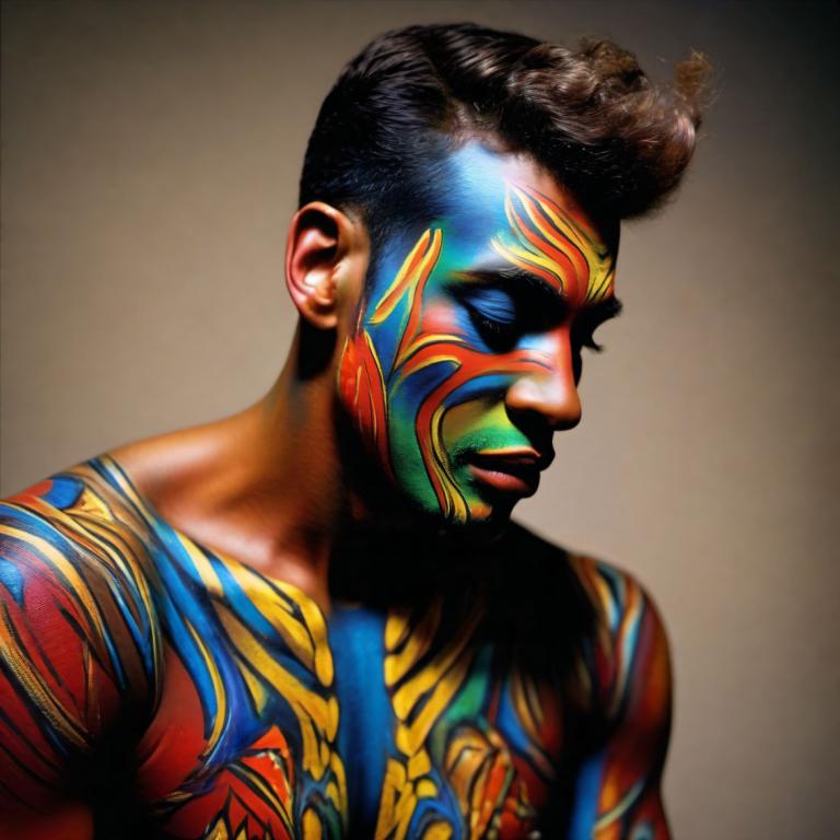 Bodypainting,Bodypainting, People, man, solo, 1boy, male focus, black hair, upper body, facepaint, realistic