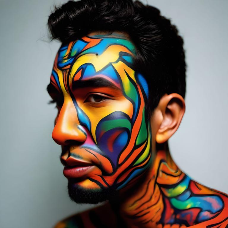 Bodypainting,Bodypainting, People, man, solo, 1boy, male focus, black hair, portrait, realistic, facial hair