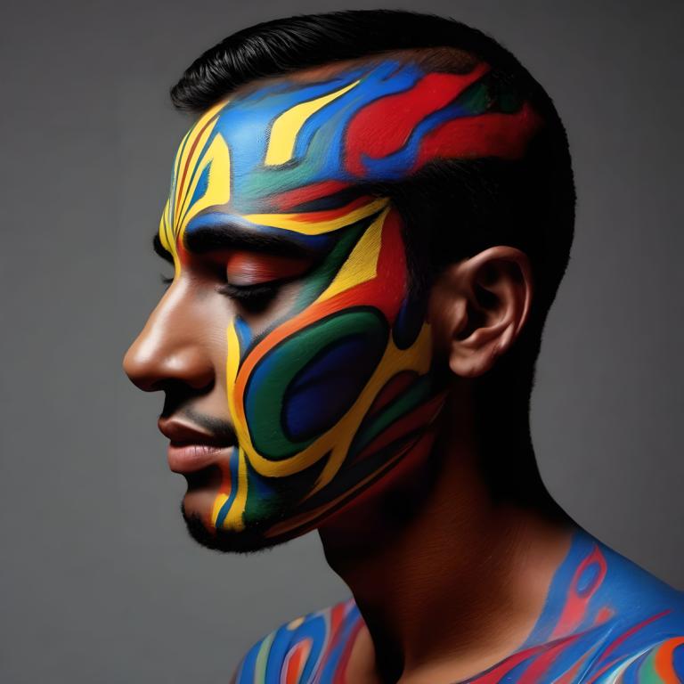 Bodypainting,Bodypainting, People, man, solo, 1boy, male focus, black hair, realistic, profile, facepaint