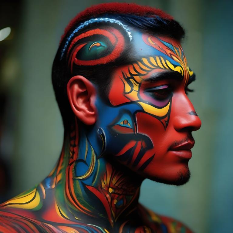 Bodypainting,Bodypainting, People, man, solo, 1boy, male focus, profile, portrait, black hair, facepaint