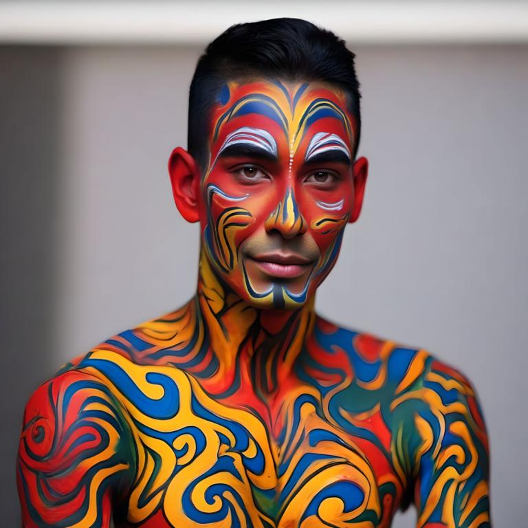 Bodypainting,Bodypainting, People, man, 1boy, solo, male focus, black hair, looking at viewer, upper body