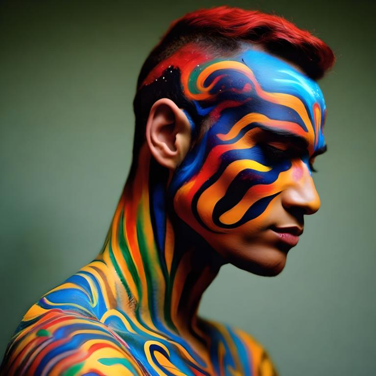 Bodypainting,Bodypainting, People, man, solo, red hair, facepaint, profile, lips, dark skin, closed mouth