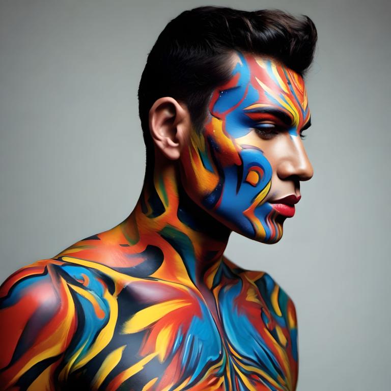 Bodypainting,Bodypainting, People, man, solo, 1boy, male focus, black hair, profile, upper body, facepaint