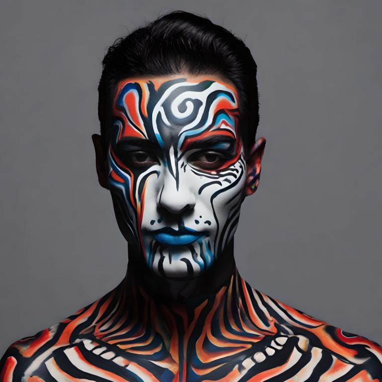 Bodypainting,Bodypainting, Lidé, muž, sólo, mužské zaměření, 1 kluk, černé vlasy, tetování, šedé pozadí