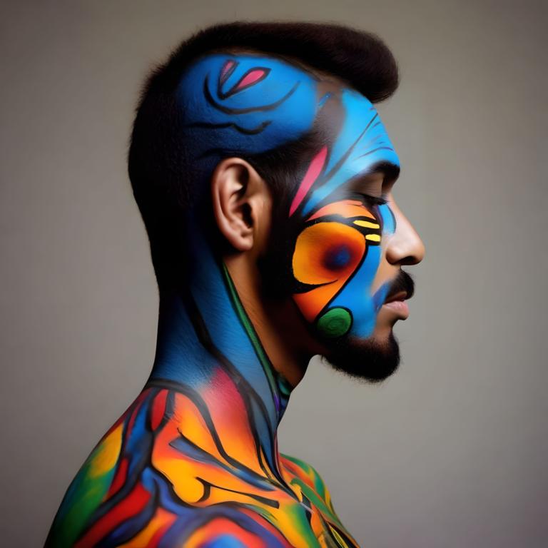 Bodypainting,Bodypainting, People, man, solo, 1boy, male focus, multicolored clothes, profile, facepaint