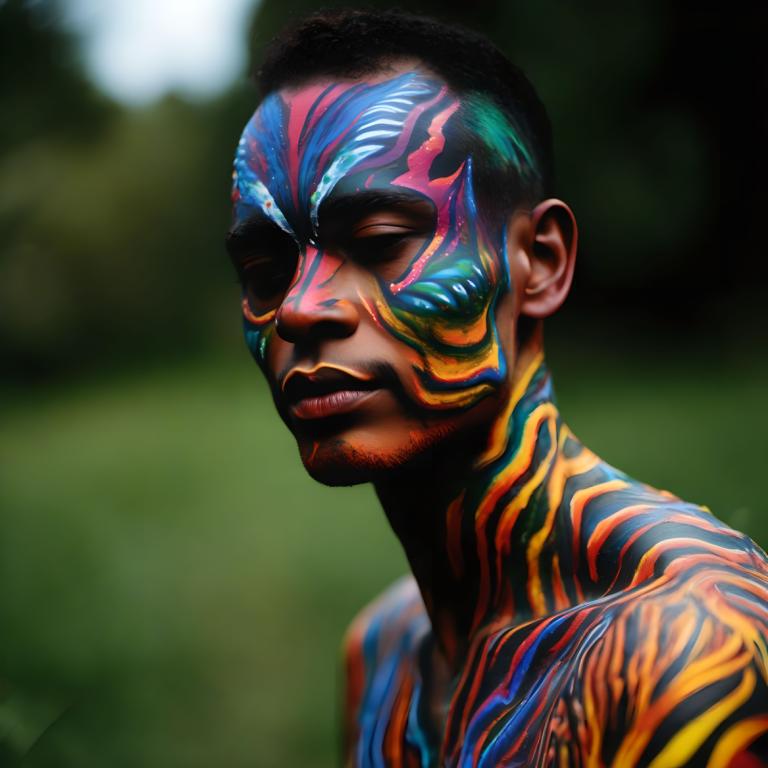 Bodypainting,Bodypainting, People, man, solo, male focus, blurry background, dark skin, blurry, 1boy