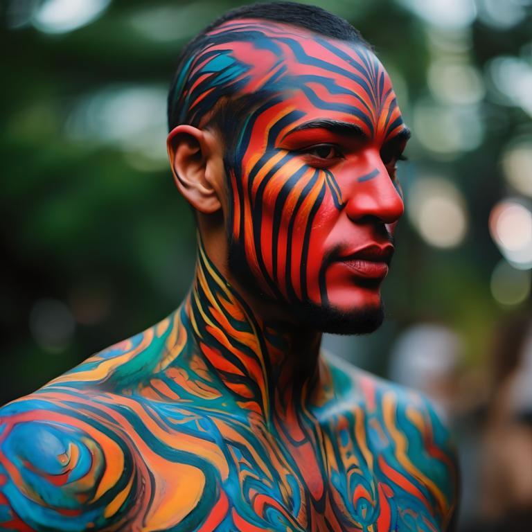 Bodypainting,Bodypainting, People, man, 1boy, solo, male focus, blurry, blurry background, black hair